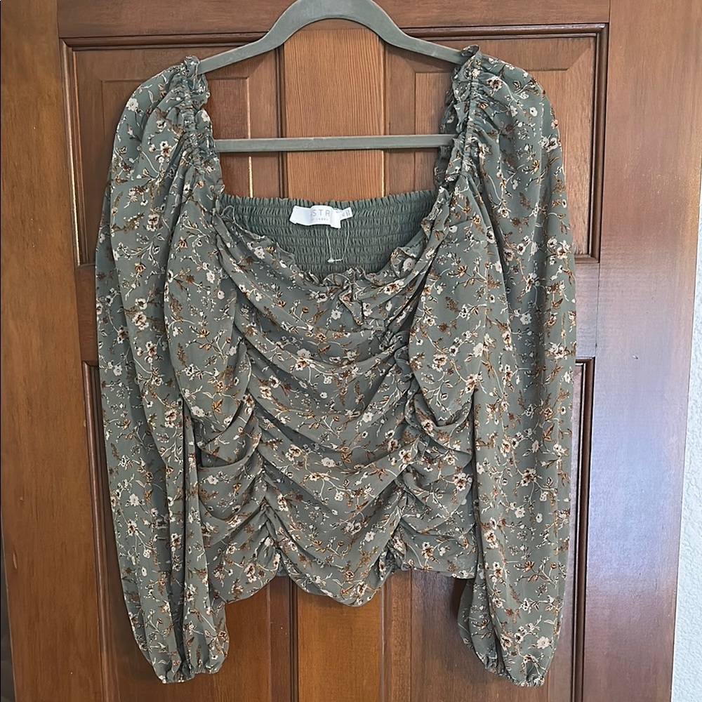 Astr Sage Green Floral Ruched Ruffled Blouse